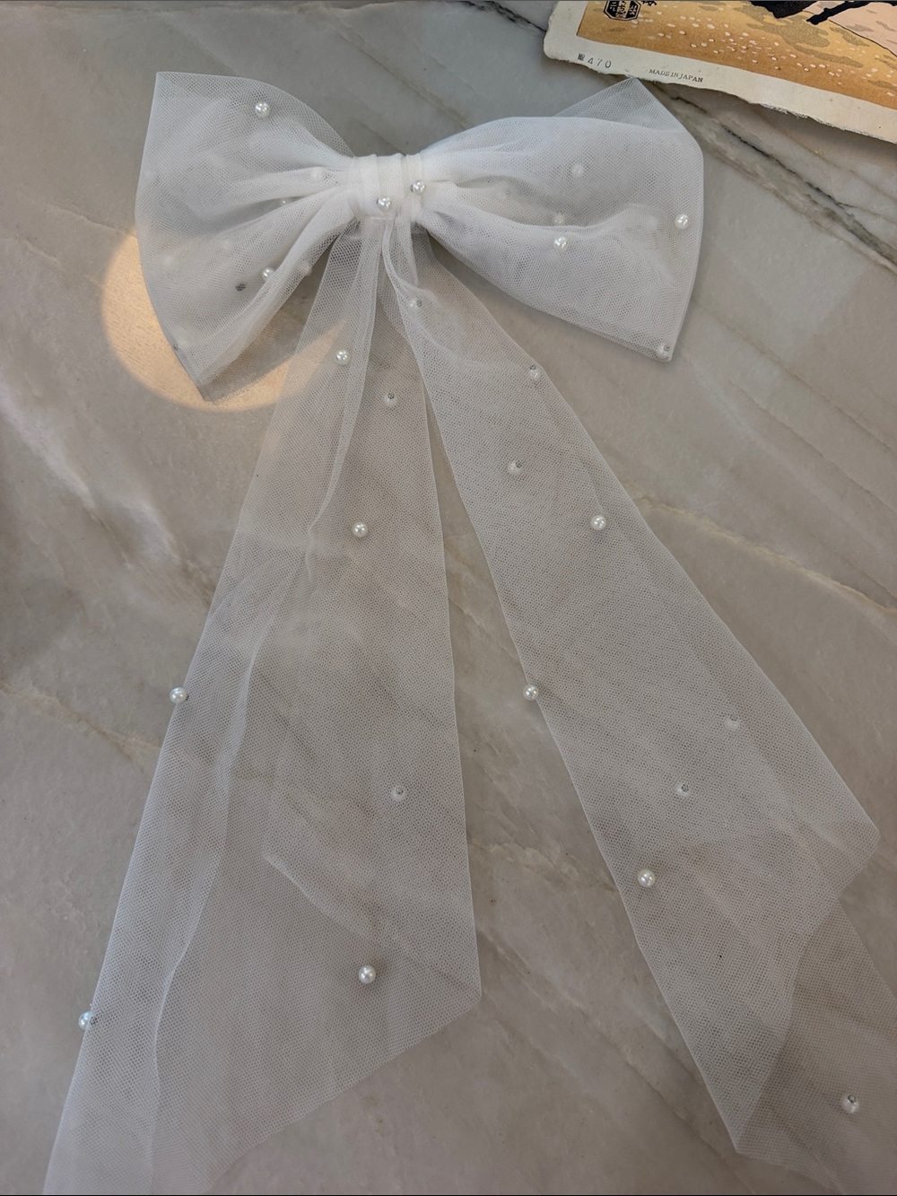 UNTAMED PETALS BY AMANDA JUDGE White Tulle Bow with Pearl Accents